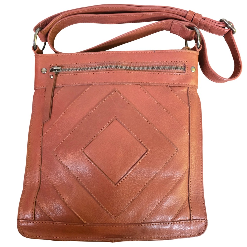 Lucky Brand Baldwin Camel Leather Crossbody Bag‎ Diamond Adjustable Boho Western